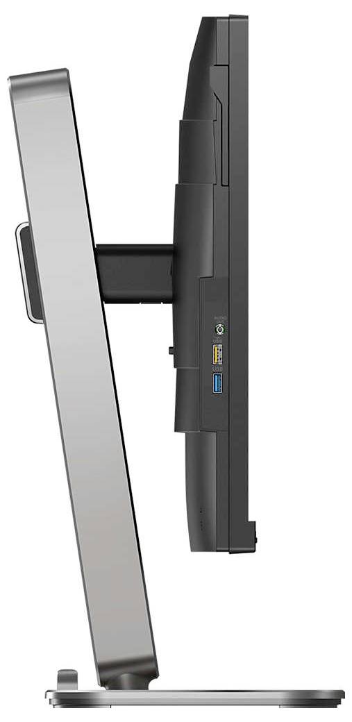 Zijaanzicht van een flatscreen-monitor op een verstelbare standaard. Toont aansluitingen aan de rechterkant van het scherm.