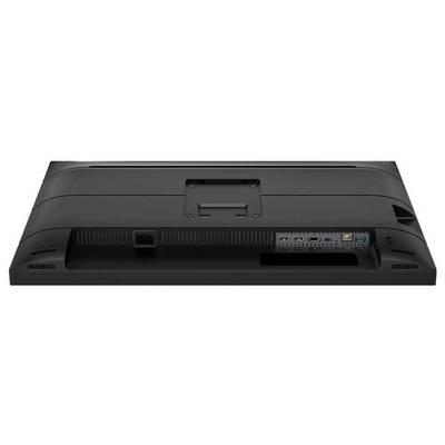 Achterkant van een monitor met meerdere aansluitingen, waaronder HDMI, DisplayPort en netwerkaansluiting.