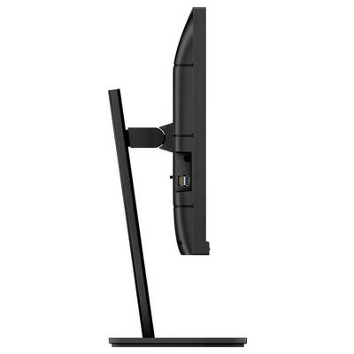 Een flatscreen vanuit zijaanzicht, toont een dunne monitor met een smalle standaard en zichtbare aansluitingen aan de achterkant.