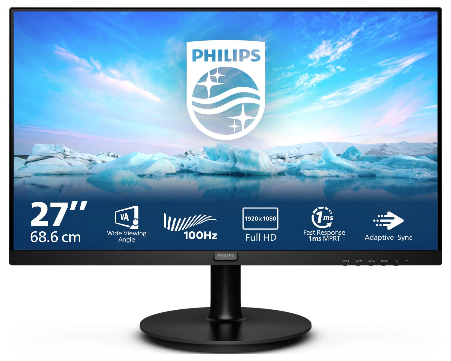 Een Philips-monitor van 27 inch, met een verversingssnelheid van 100 Hz, Full HD-resolutie, 1 ms responstijd en Adaptive-Sync-technologie.
