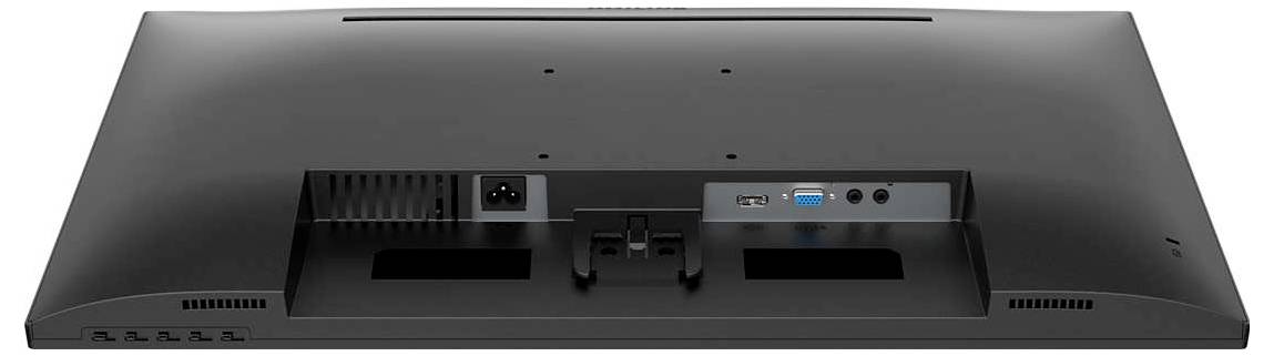 Achterkant van een monitor met verschillende aansluitingen, waaronder HDMI, VGA en audio-ingangen, evenals een stroomaansluiting.