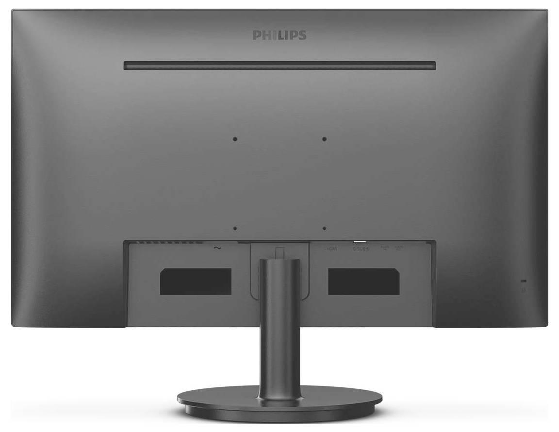 Achterkant van een Philips-monitor met standaard, waarop aansluitingen en ventilatieopeningen te zien zijn.