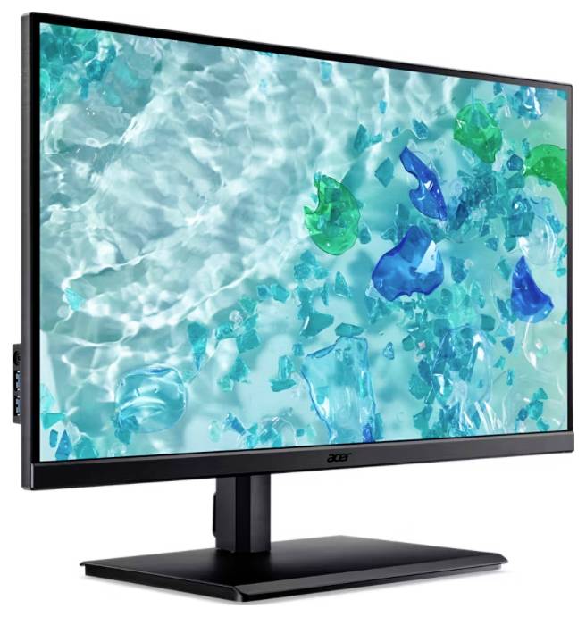 Een computermonitor met een levendige achtergrond van blauw en groen water met golfpatroon.