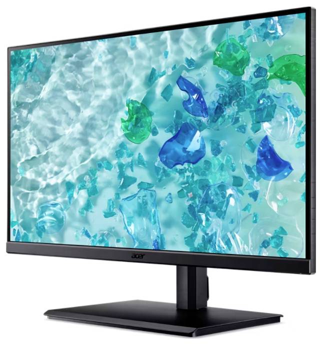 Een computerscherm toont een zeethema met blauw-groene abstracte vormen op een turquoise, waterachtergrond.