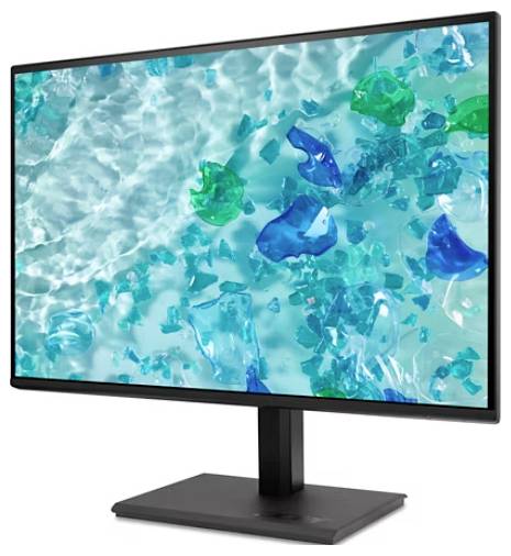 Een computerscherm met een kleurrijk, abstract beeld in blauw- en groentinten.