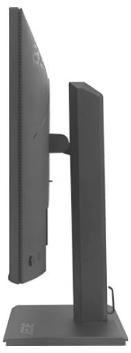 Een slanke computermonitor van opzij bekeken, met een elegant design en een rechthoekige voet op een vlak oppervlak.