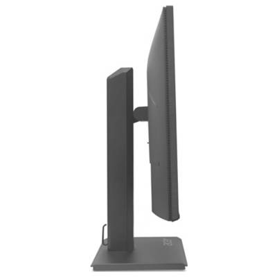 Een zijaanzicht van een zwarte flatscreen-monitor op een rechthoekige voet.