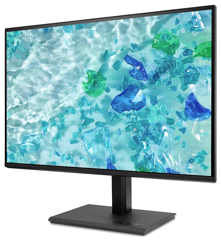 Monitor met een kleurrijke achtergrond die turkoois water en gekleurde glasscherven weergeeft.