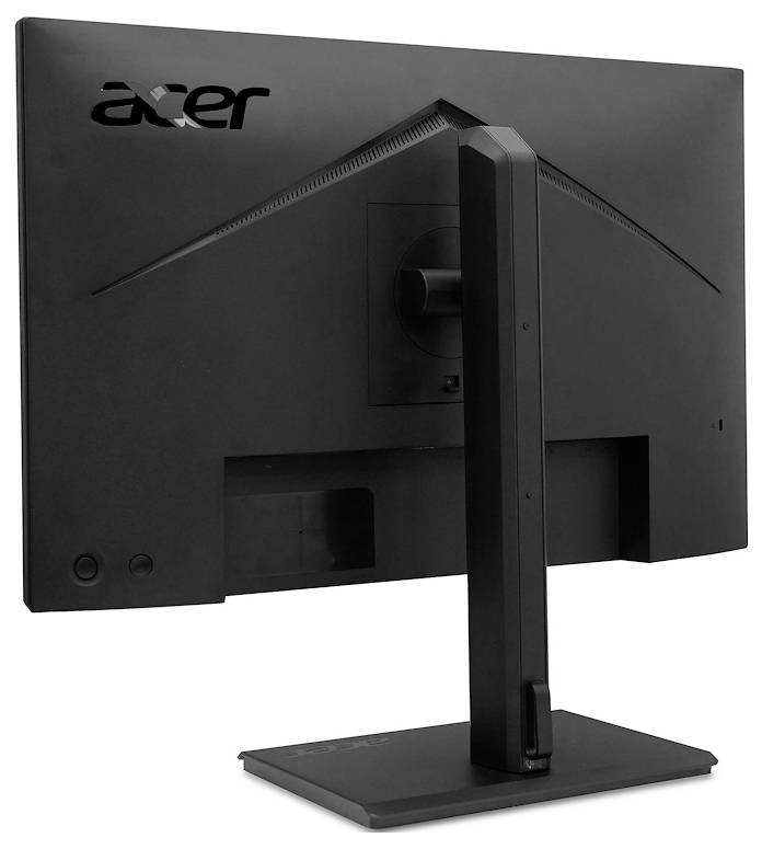 Het beeldscherm toont de achterkant van een zwarte Acer-monitor. De voet is stevig, het merk is zichtbaar in de linkerbovenhoek.
