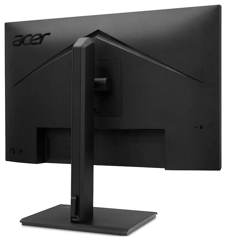 Een zwarte Acer-computermonitor van achteren, met een stabiele voet en een slanke vormgeving.