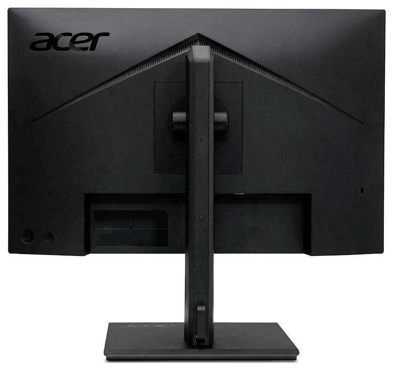 Zwarte Acer-monitor van achteren, op een rechthoekige standaard.