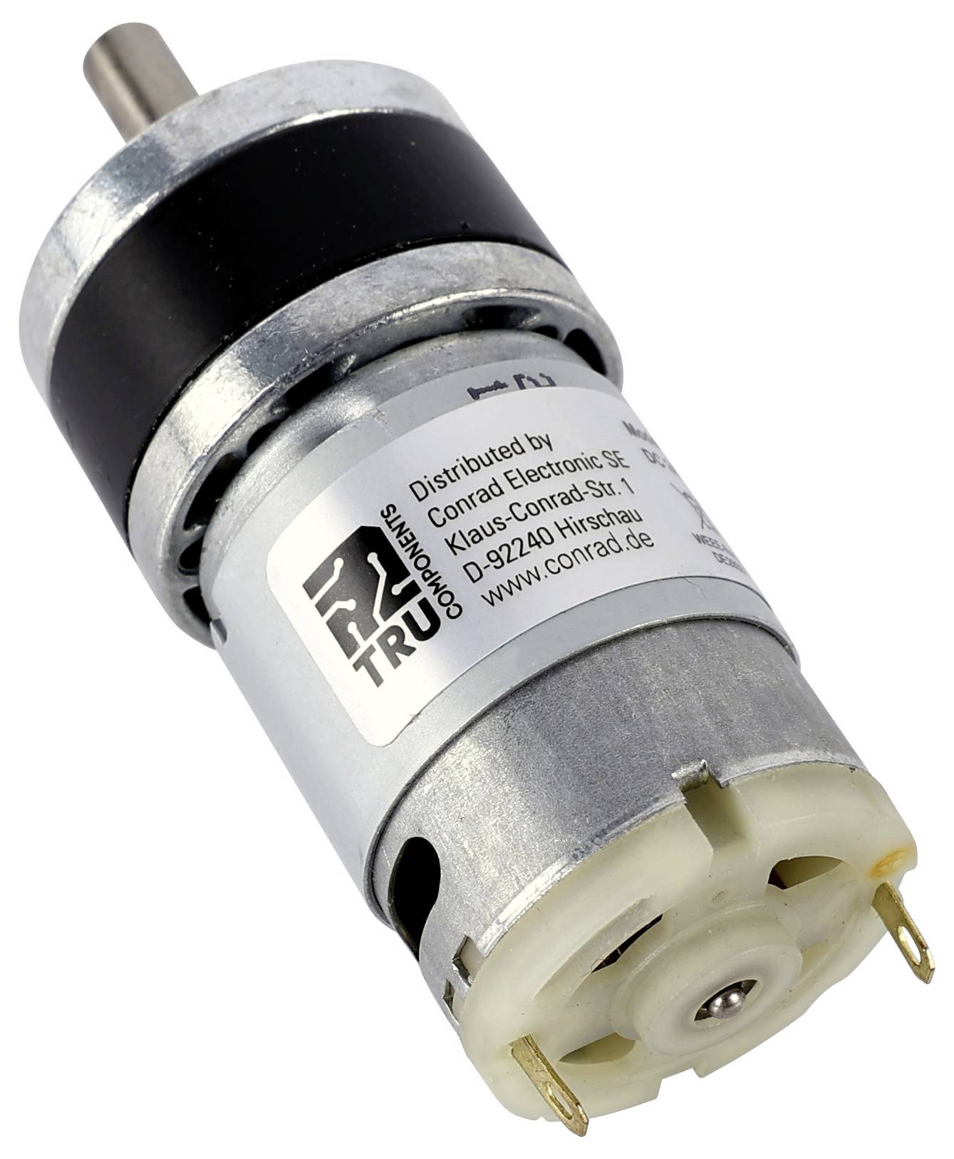 Een kleine elektrische motor met het label 'Conrad Electronic', voorzien van een metalen behuizing en twee uitstekende elektrische aansluitingen.