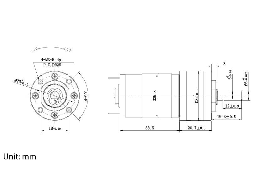 Technische tekening met afmetingen van een mechanisch onderdeel met twee aanzichten: vooraanzicht en zijaanzicht. Afmetingen zijn gegeven in millimeters.