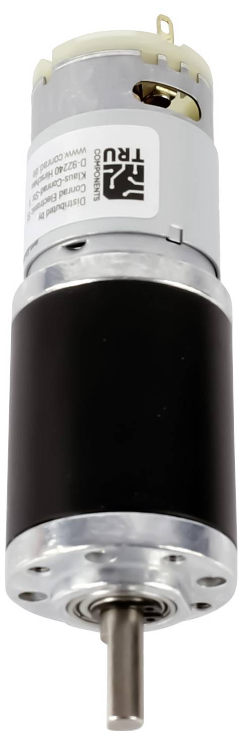 Een kleine elektromotor met een tandwieloverbrenging, voorzien van een cilindrische metalen behuizing en aansluitingen aan één uiteinde voor de voedingsaansluiting.