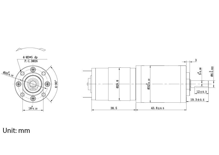'Technische tekening van een cilindrisch mechanisch onderdeel met afmetingen: 38,5 mm, 43,8 mm; voor- en zijaanzicht met gatenpositionering.'