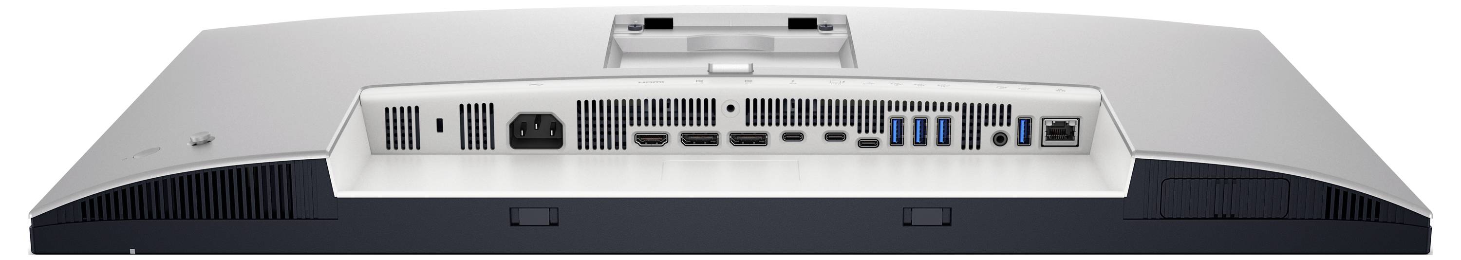 Achterkant van een monitor met verschillende aansluitingen: stroomaansluiting, DisplayPorts, HDMI, USB-poorten en audio-uitgang.