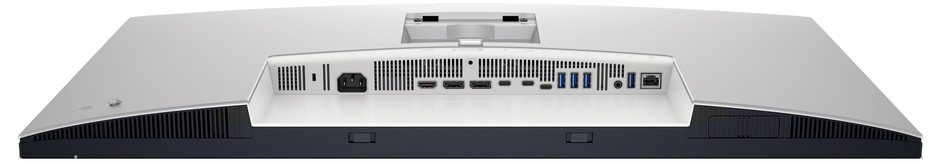 Achterkant van een computerscherm met verschillende aansluitingen, waaronder HDMI-, USB- en Ethernet-poorten.