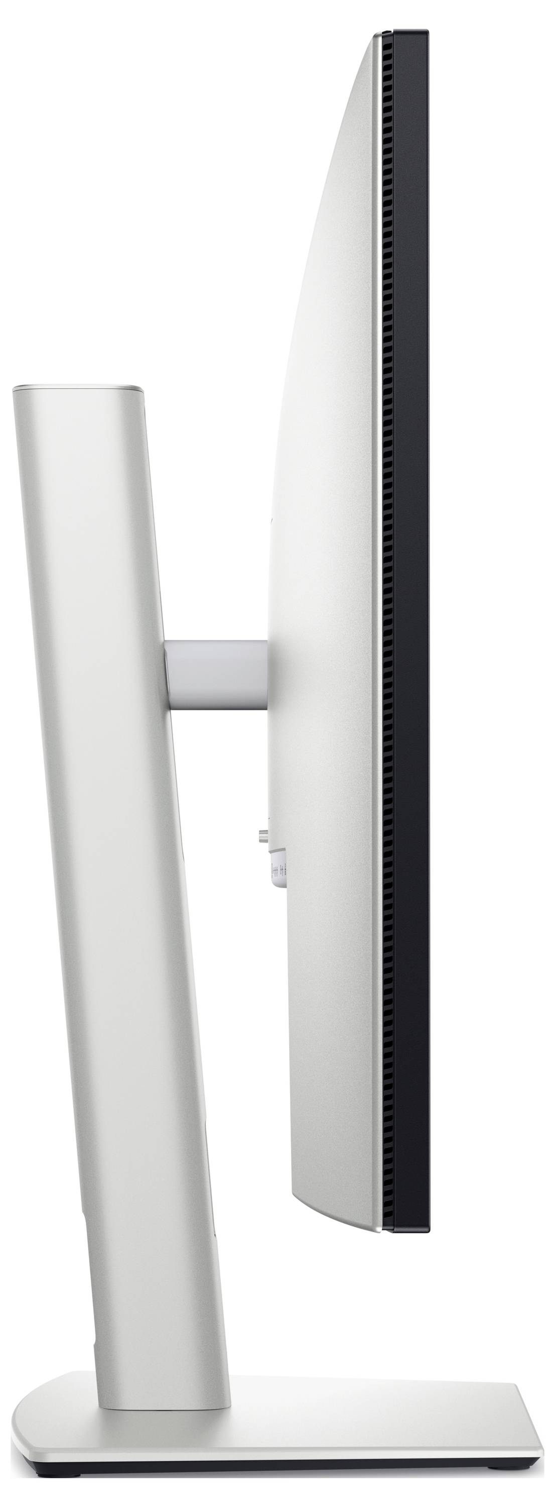 Zijaanzicht van een moderne monitor met een smalle rand en een slanke, stevige voet.