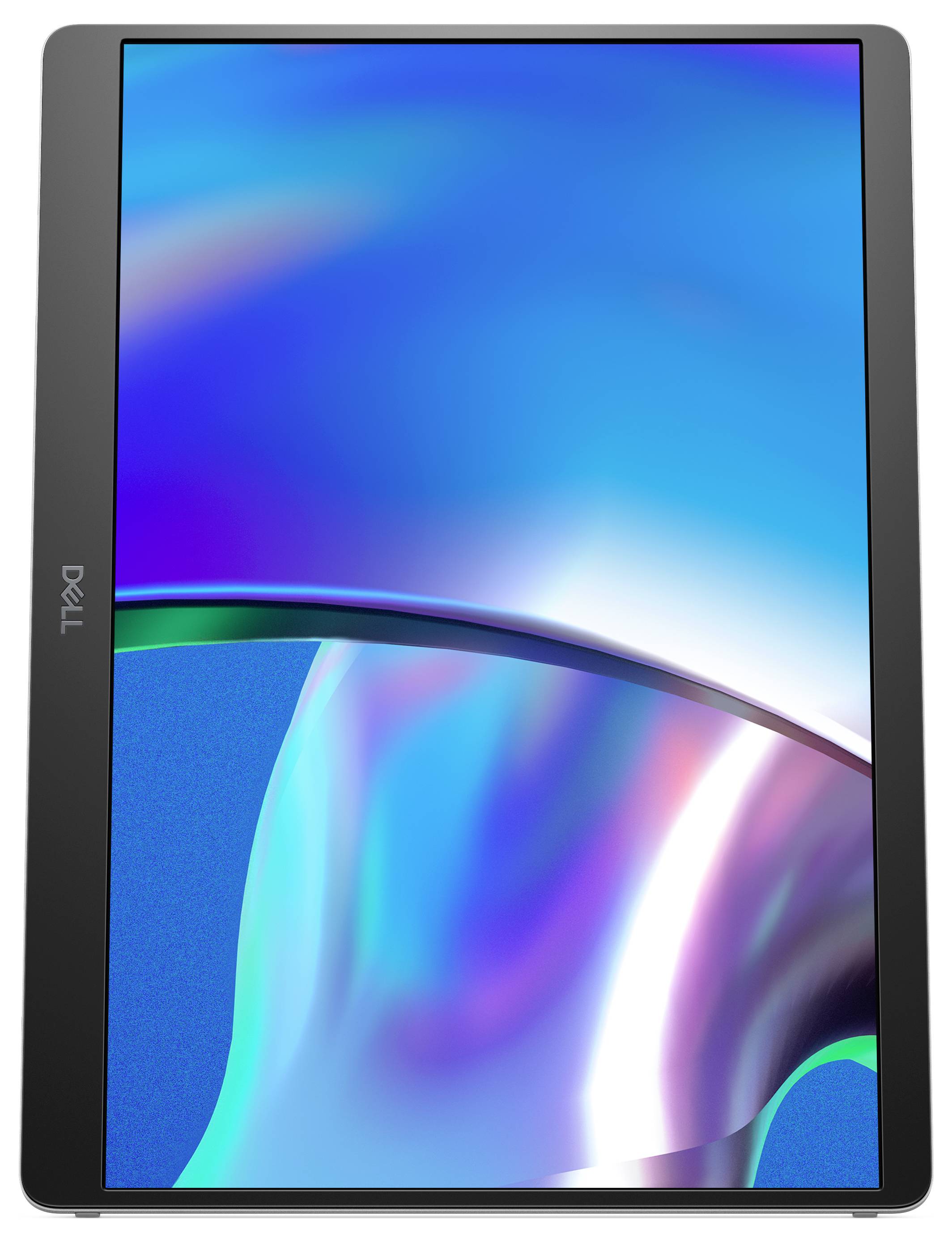 Tablet met een scherm met hoge resolutie, toont een abstracte, kleurrijke grafiek in blauw- en groentinten. Merklogo aan de linkerkant.