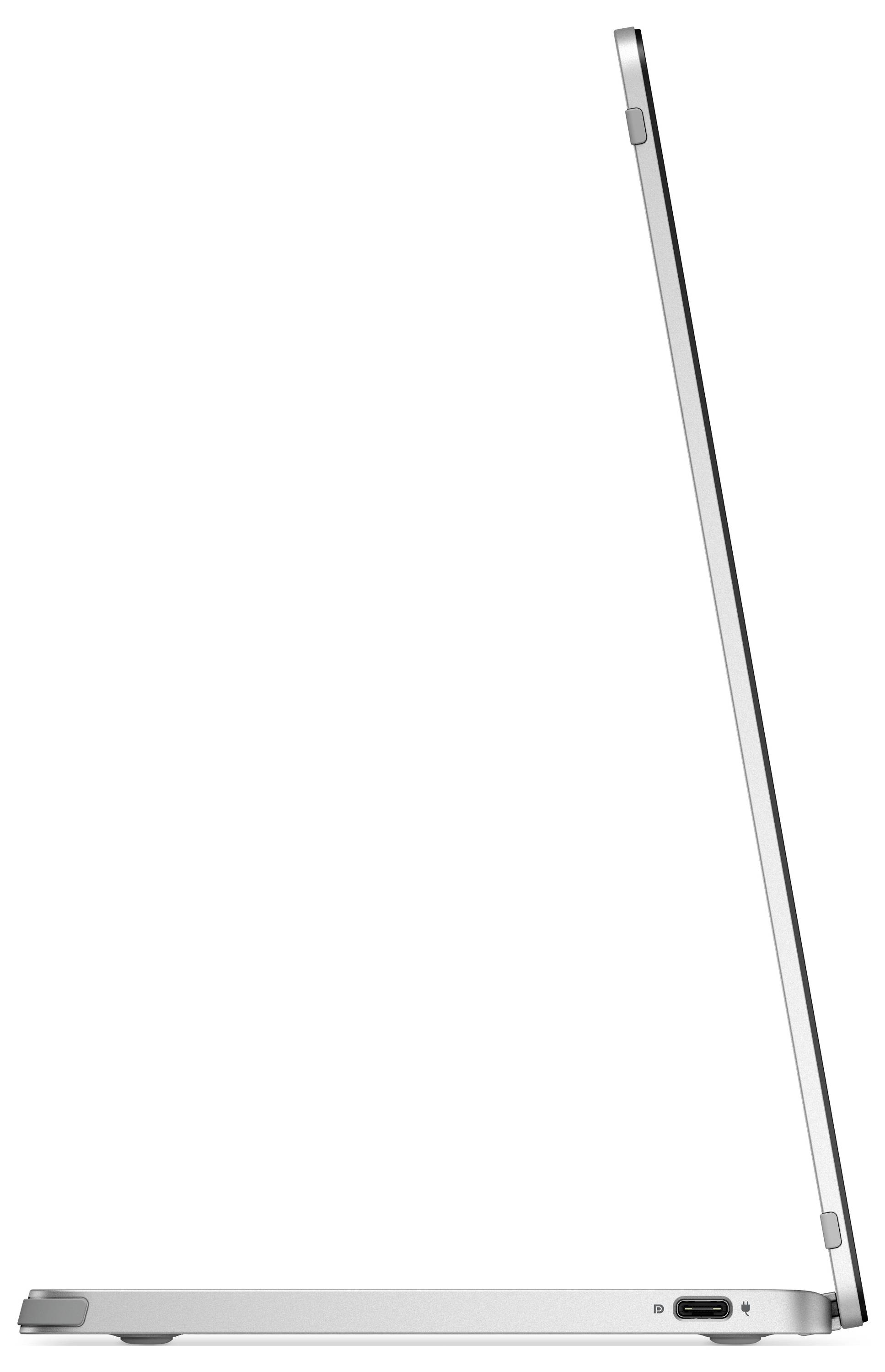 Een laptop met aan de zijkant geopende klep, dun en zilverkleurig, toont het slanke ontwerp en de aansluitingen aan de onderkant.