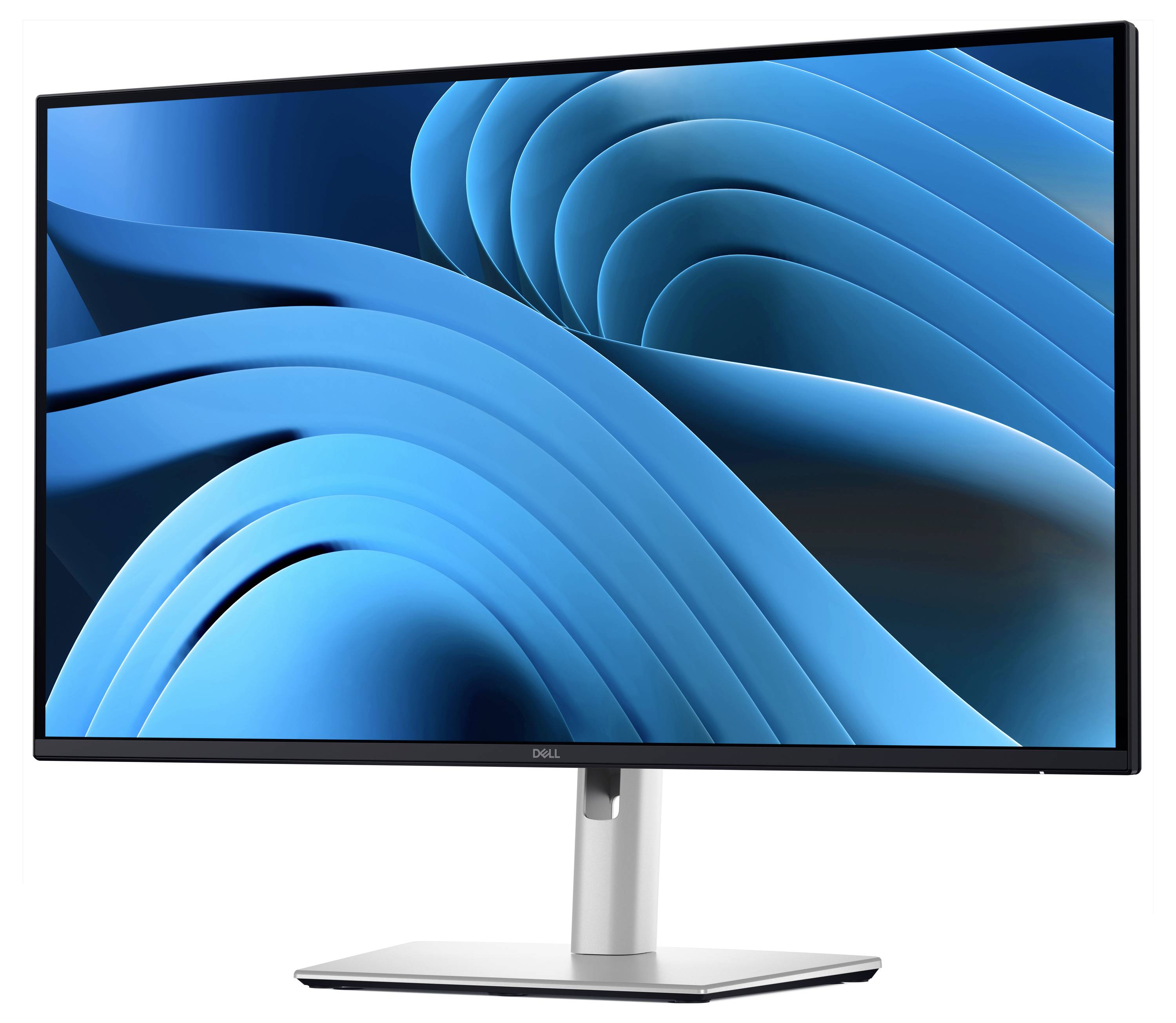 Een scherm met een abstract blauw achtergrondbeeld. De monitor heeft smalle randen en staat op een zilveren voet.