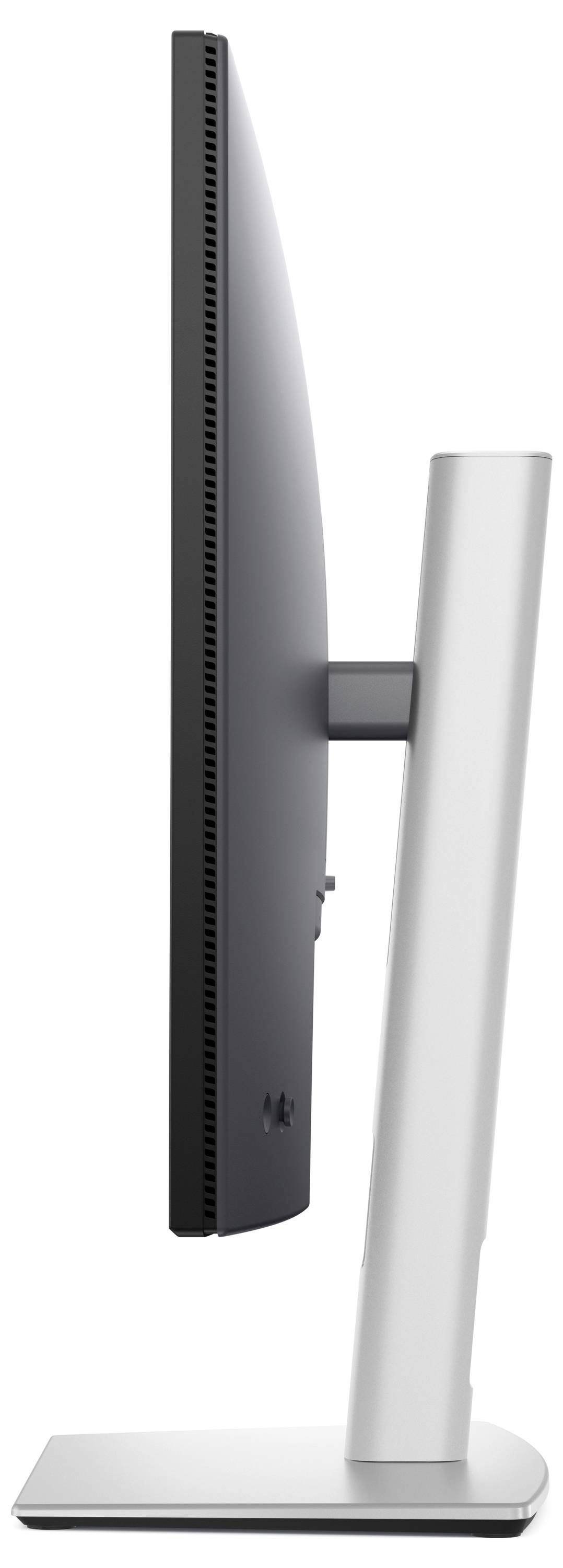 Zijaanzicht van een moderne desktopmonitor met een slanke vormgeving en een verstelbare standaard op een platte voet.