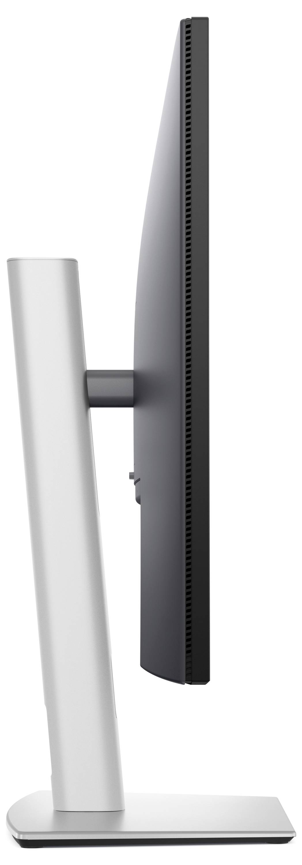 Een zijaanzicht van een moderne, slanke computermonitor, gemonteerd op een standaard met een zilveren voet.