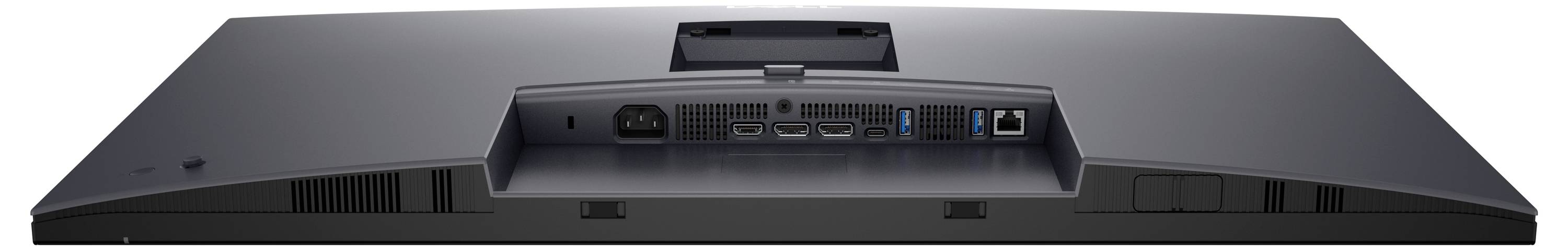 Achterkant van een computermonitor met verschillende aansluitingen, waaronder HDMI, USB en stroomaansluiting.