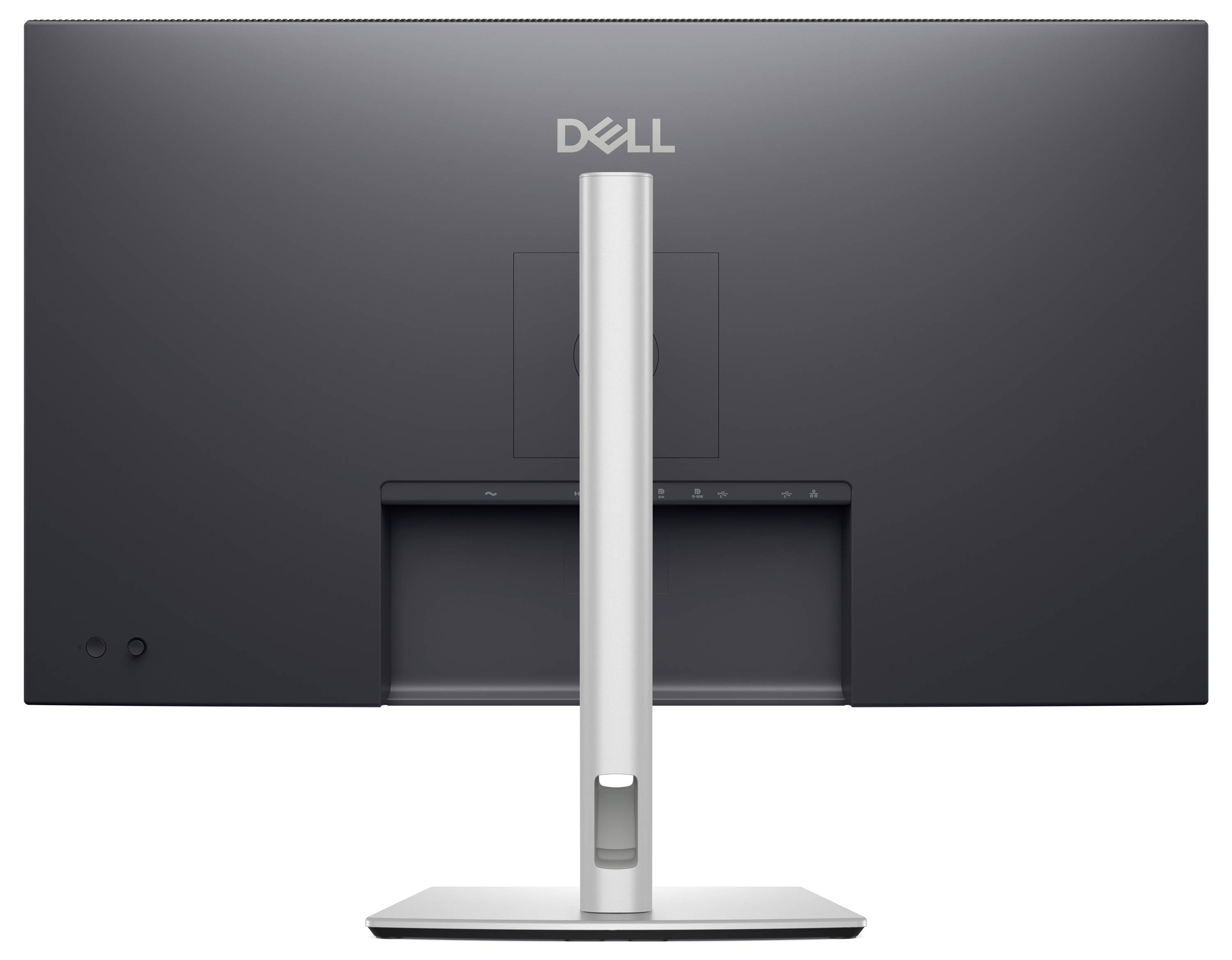 De monitor laat aan de achterkant het Dell-logo bovenaan zien. Hij heeft een slanke, zilveren standaard en biedt een moderne, minimalistische esthetiek.