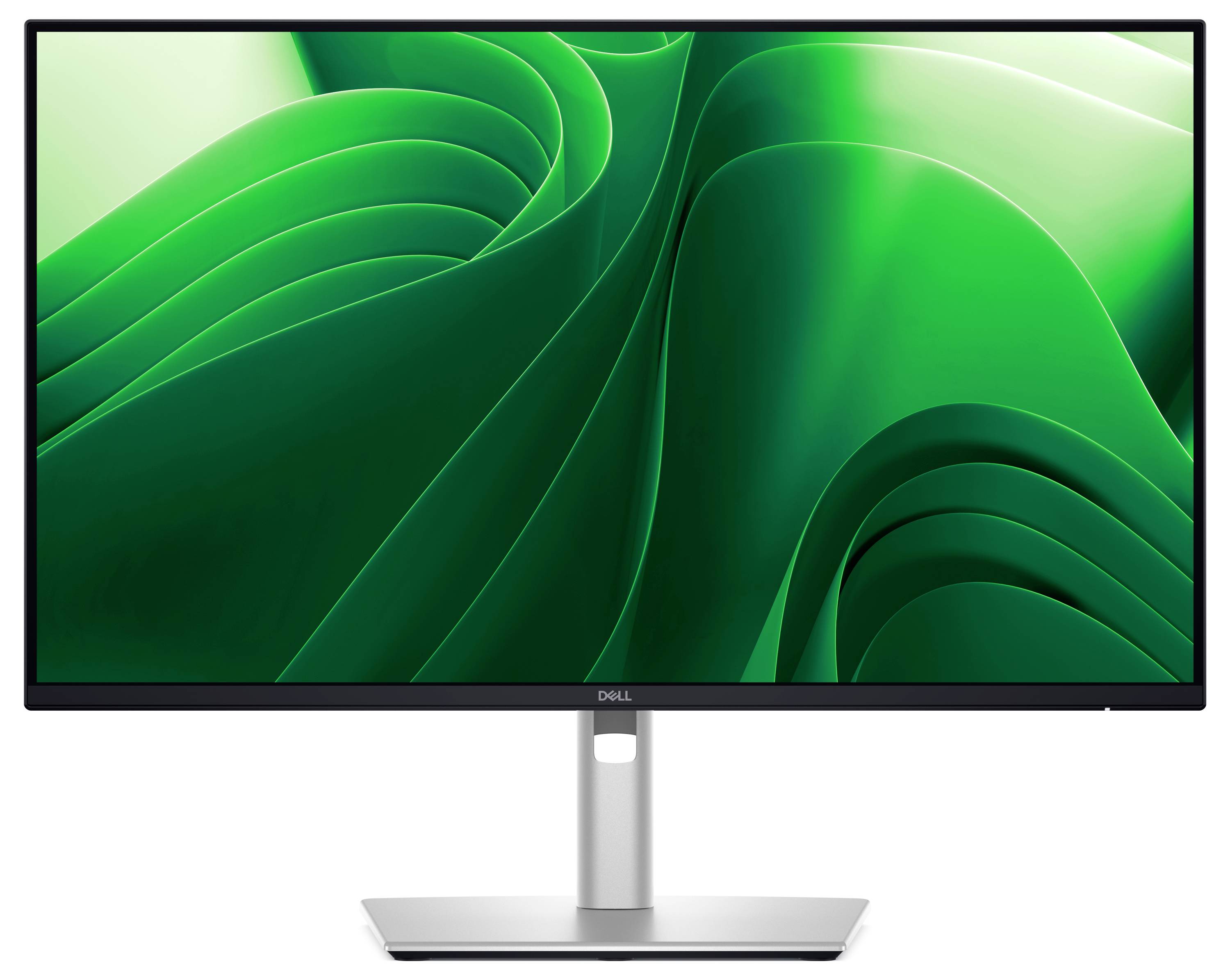 Een computermonitor wordt getoond met een groene, golvende achtergrondtextuur.