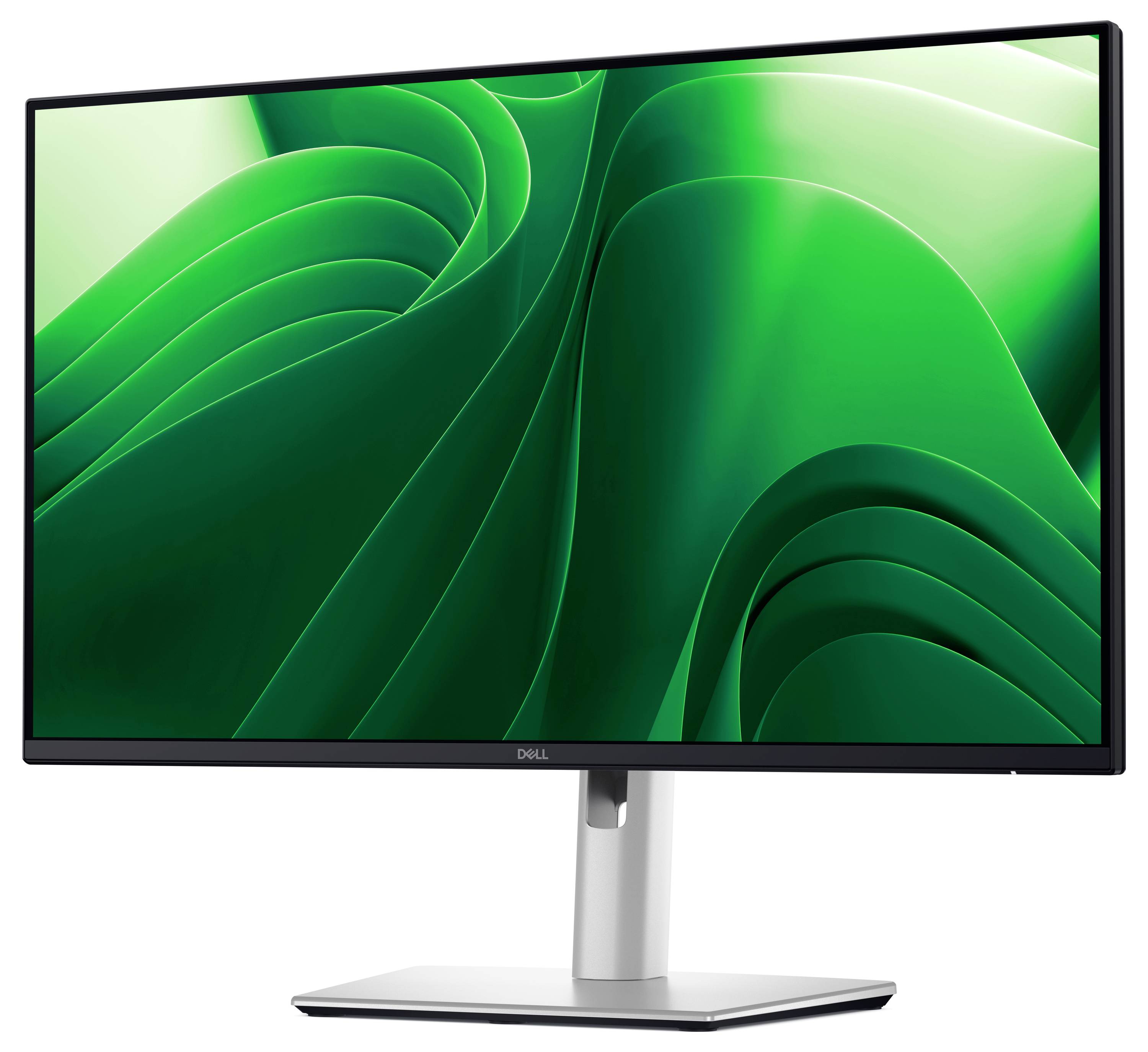 'Groene abstracte achtergrond op monitorscherm, moderne Dell-monitor met dunne randen, zilveren voet.'