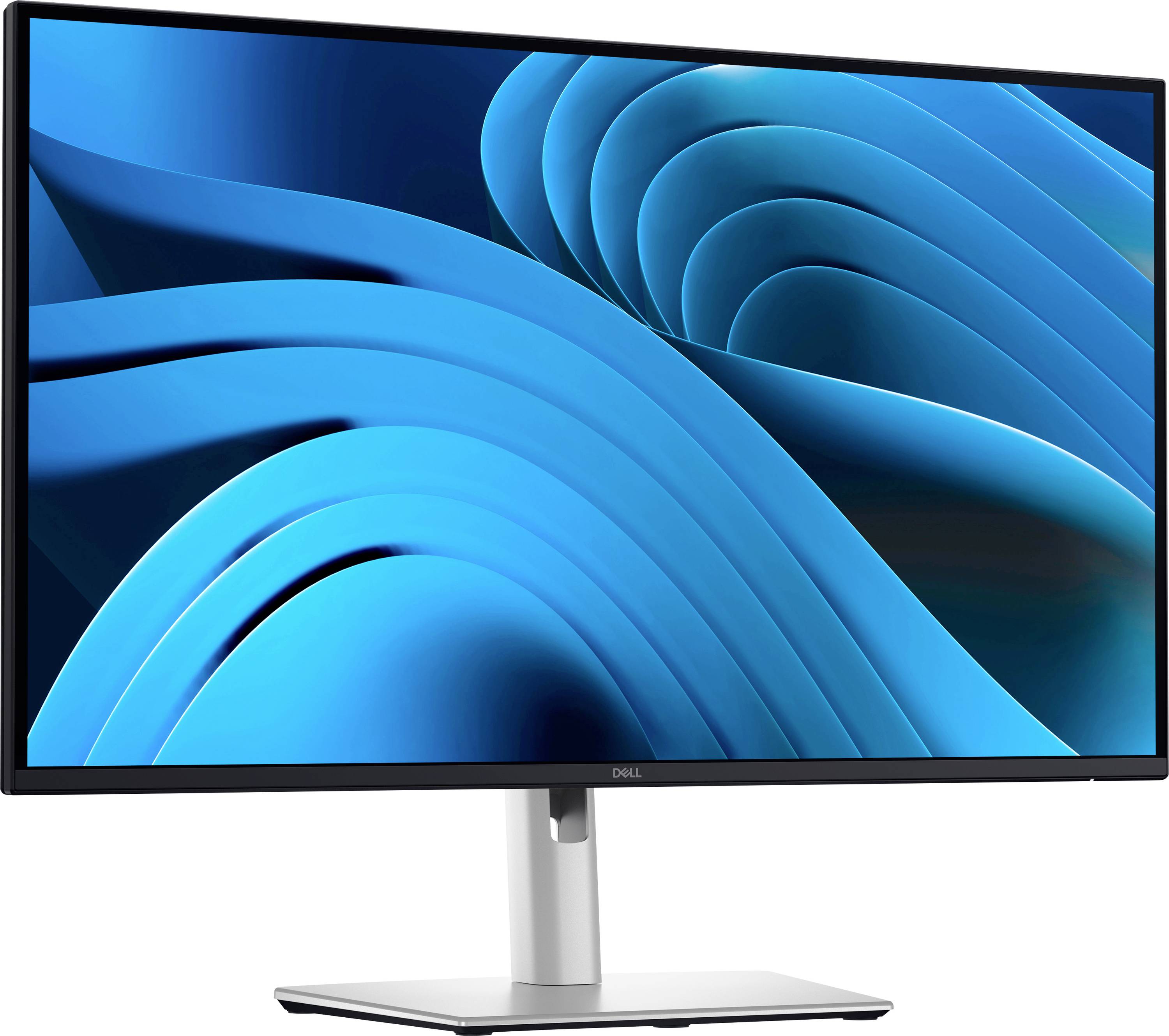 Een moderne computermonitor met een blauwe, abstracte achtergrond op het scherm.