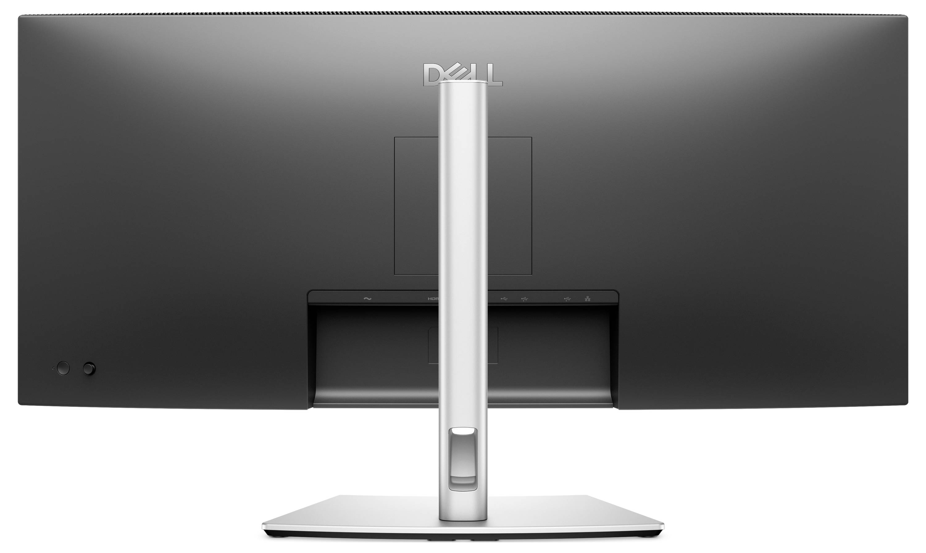 Achterkant van een zwarte computermonitor met een grijze standaard, merkenlogo bovenaan in het midden.