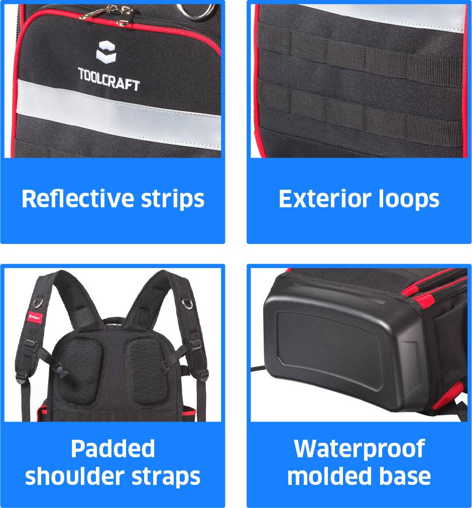 'Toolcraft rugzak beschikt over reflecterende strips, buitenlussen, gewatteerde schouderbanden en een waterbestendige gegoten bodem.'