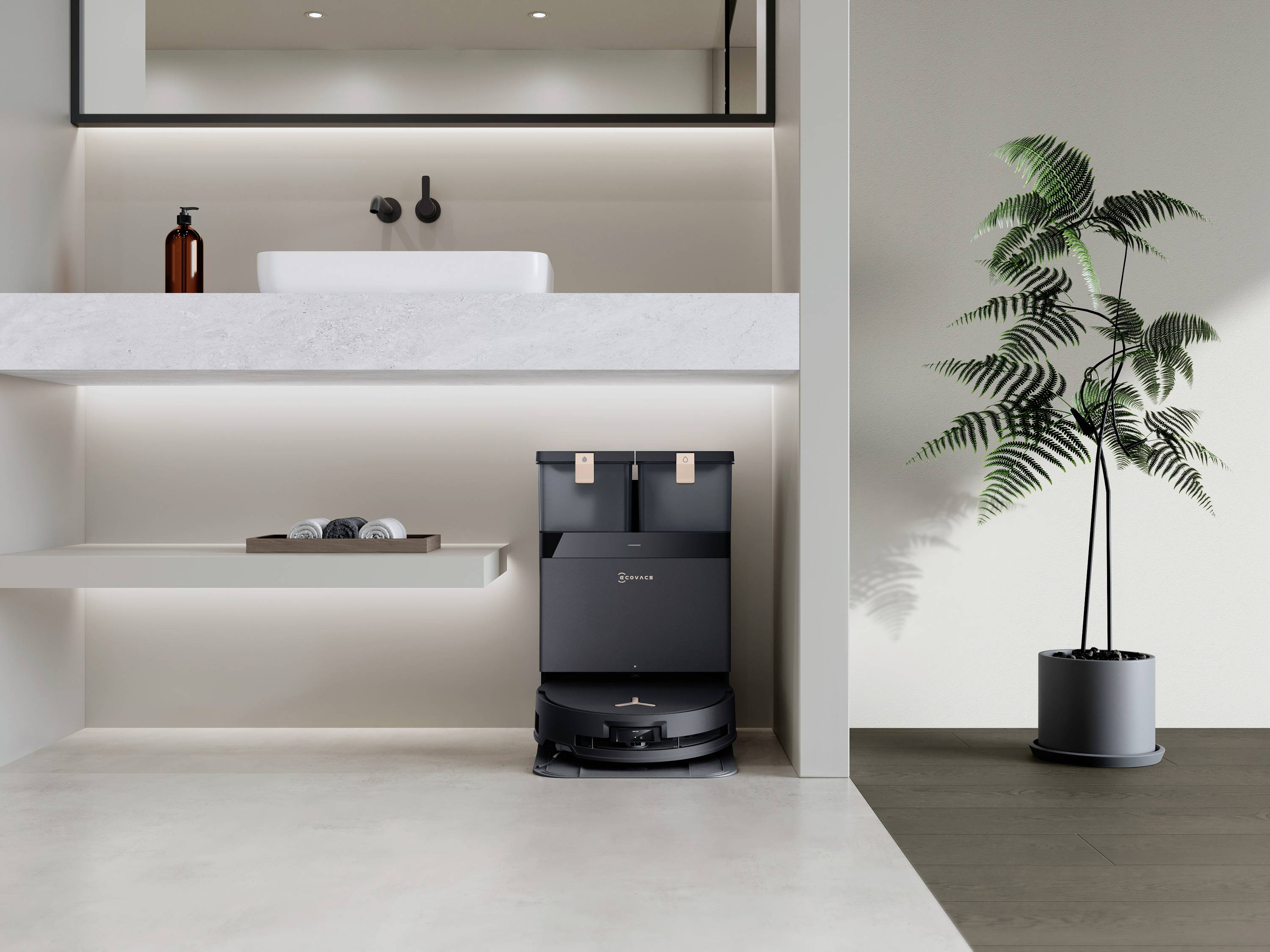 Een robotstofzuiger bevindt zich in een modern, minimalistisch ingerichte woning naast een plant en een wasbak.