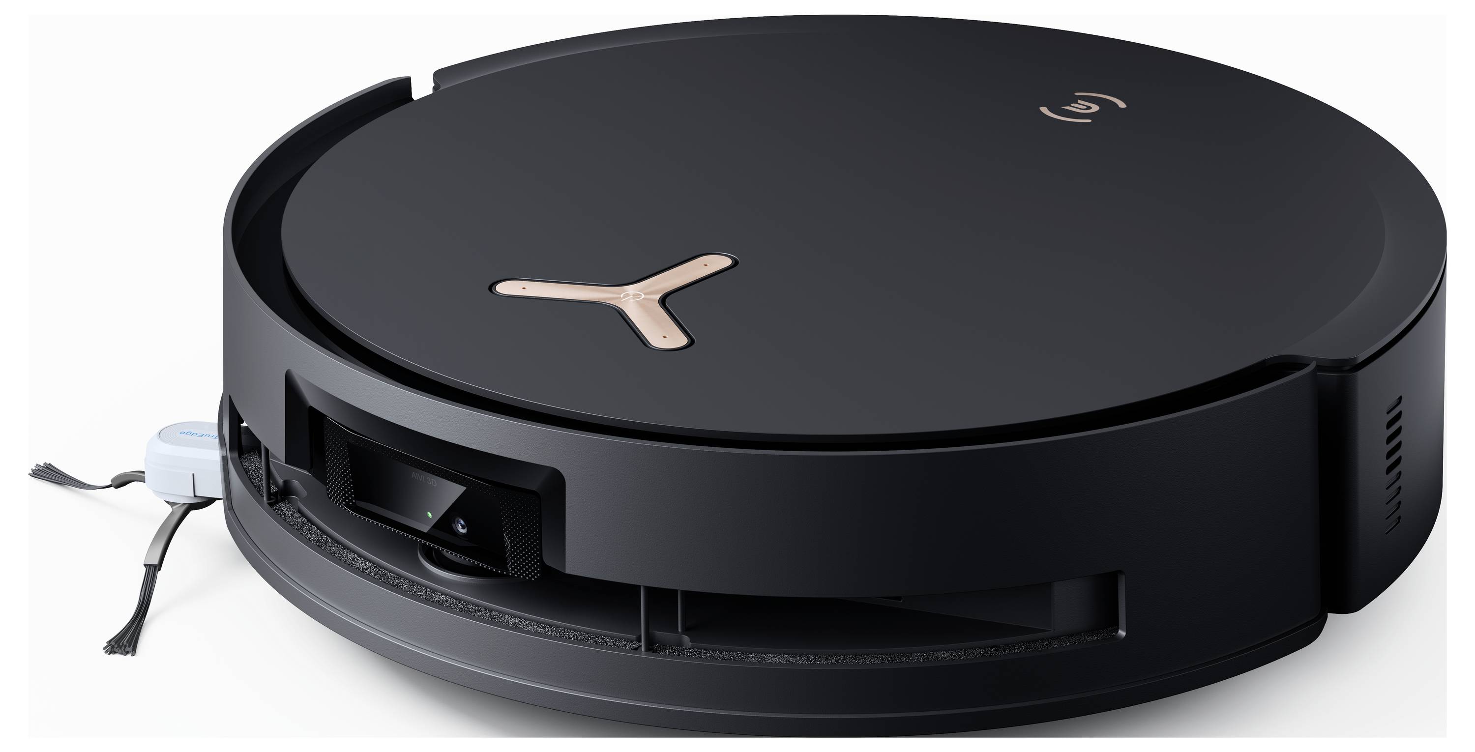 Zwarte robotstofzuiger met rond ontwerp, gouden accenten en zijdelingse sensor. Ideaal voor het reinigen van vloeren.