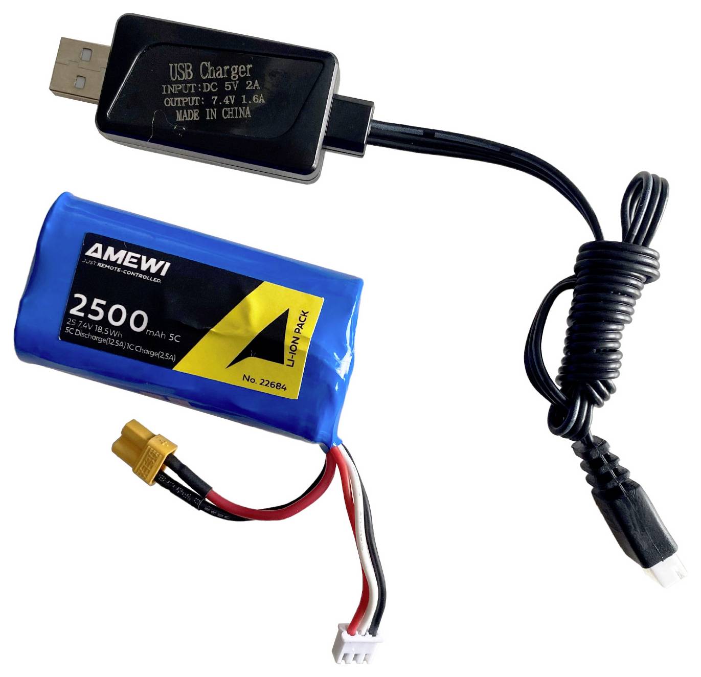 Oplader met USB-aansluiting en een blauwe lithium-ion accu, 2500 mAh, inclusief kabel en stekker.