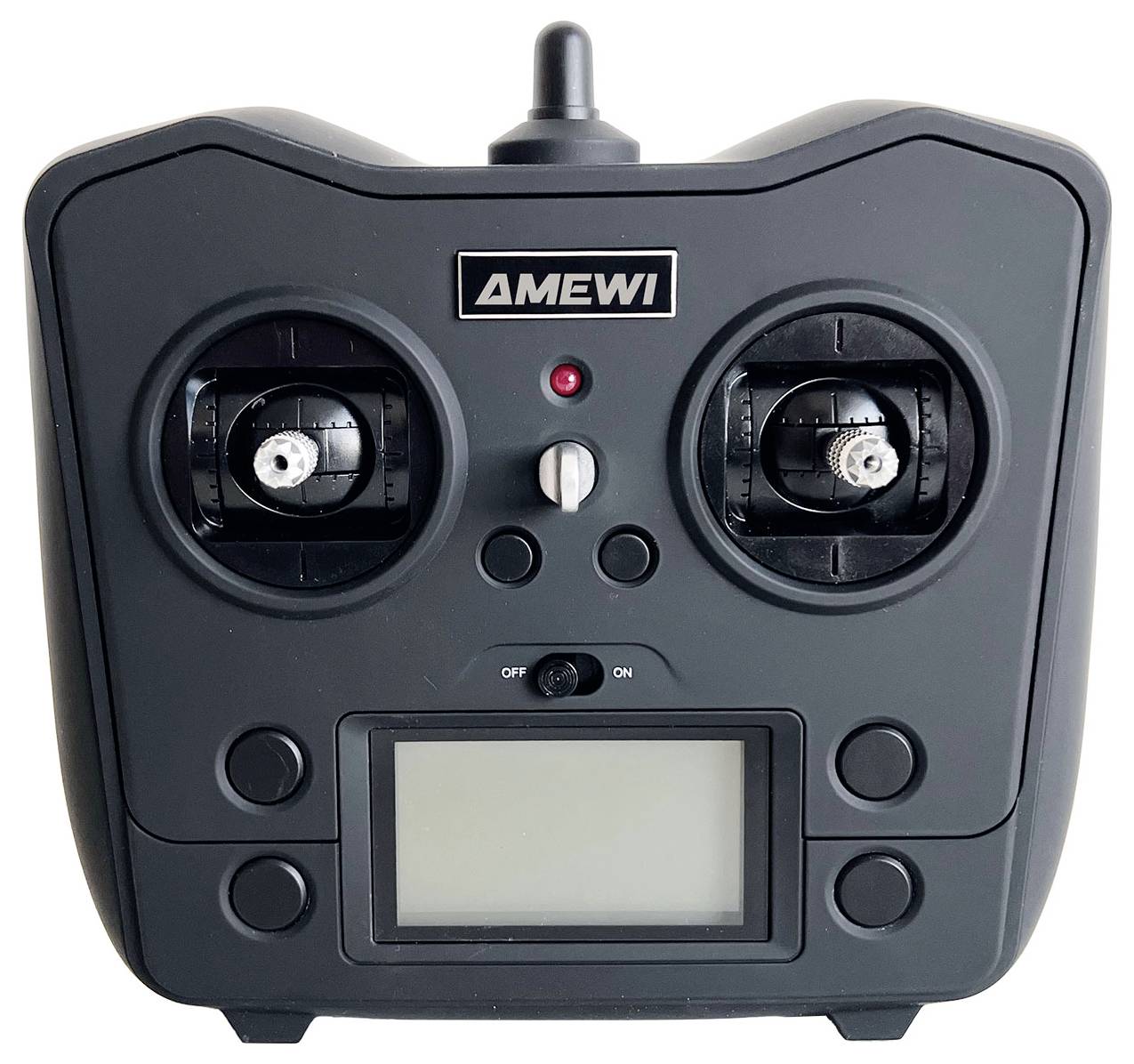 Afstandsbediening met twee joysticks, een scherm en een schakelaar in het midden, merk 'AmeWi'. Gebruikt voor het besturen van modellen.