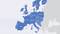 Europese kaart: Landen gemarkeerd in het blauw (bijv. Spanje, Frankrijk, Duitsland, Italië, Polen). Noordelijke en Oost-Europese landen zijn niet gekleurd.