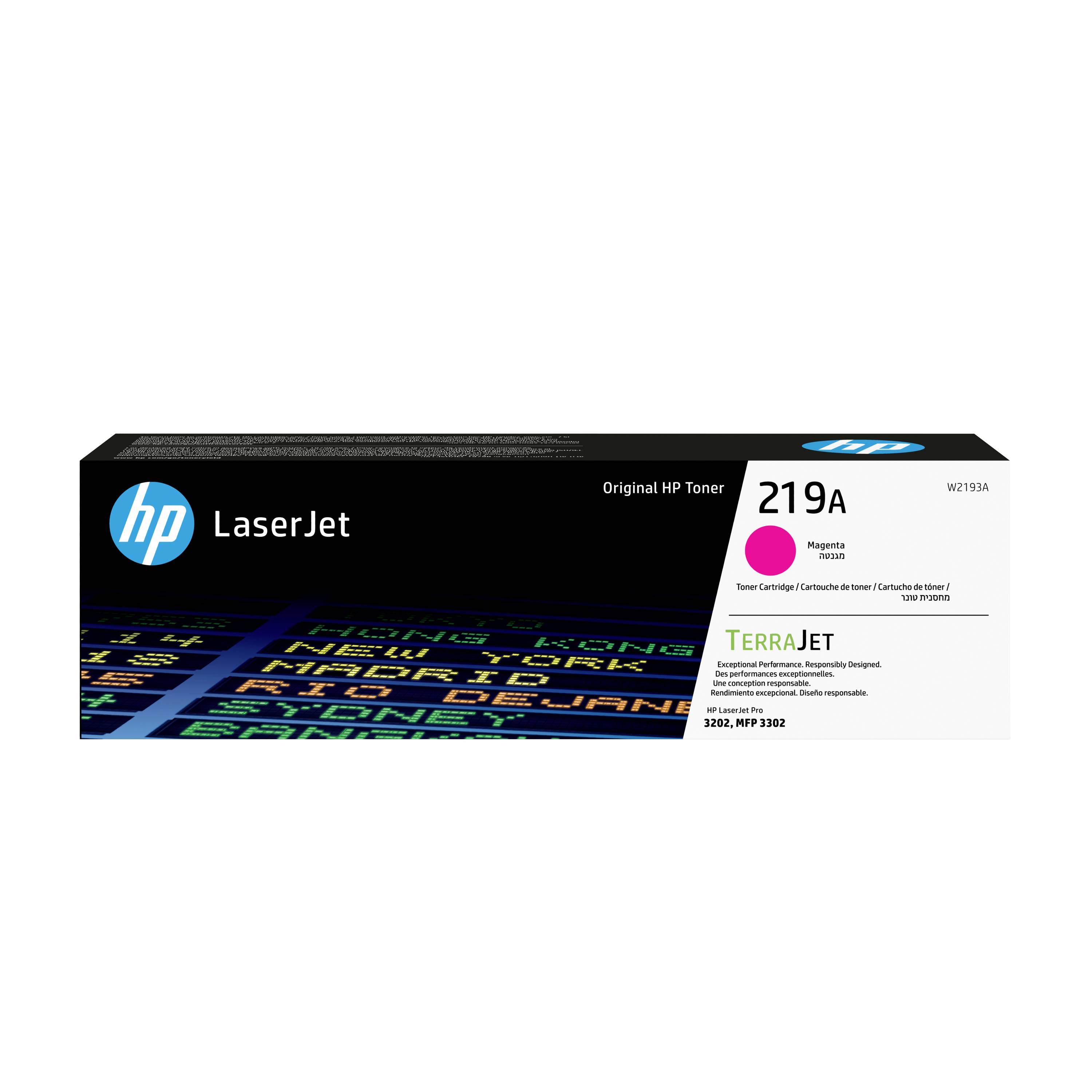 HP LaserJet 219A originele tonercartridgedoos, magenta, met TerraJet-branding en productlabel.