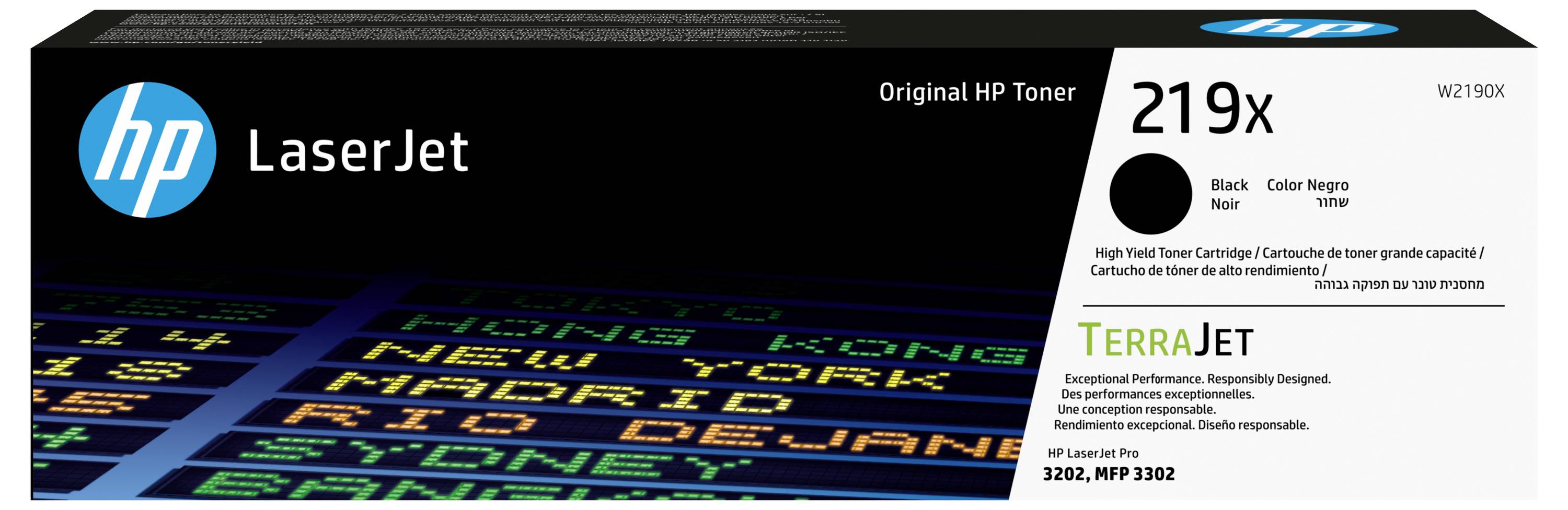 HP LaserJet 219X zwarte tonercartridge doos met TerraJet branding en high-yield label, weergegeven voor W2100X printers.