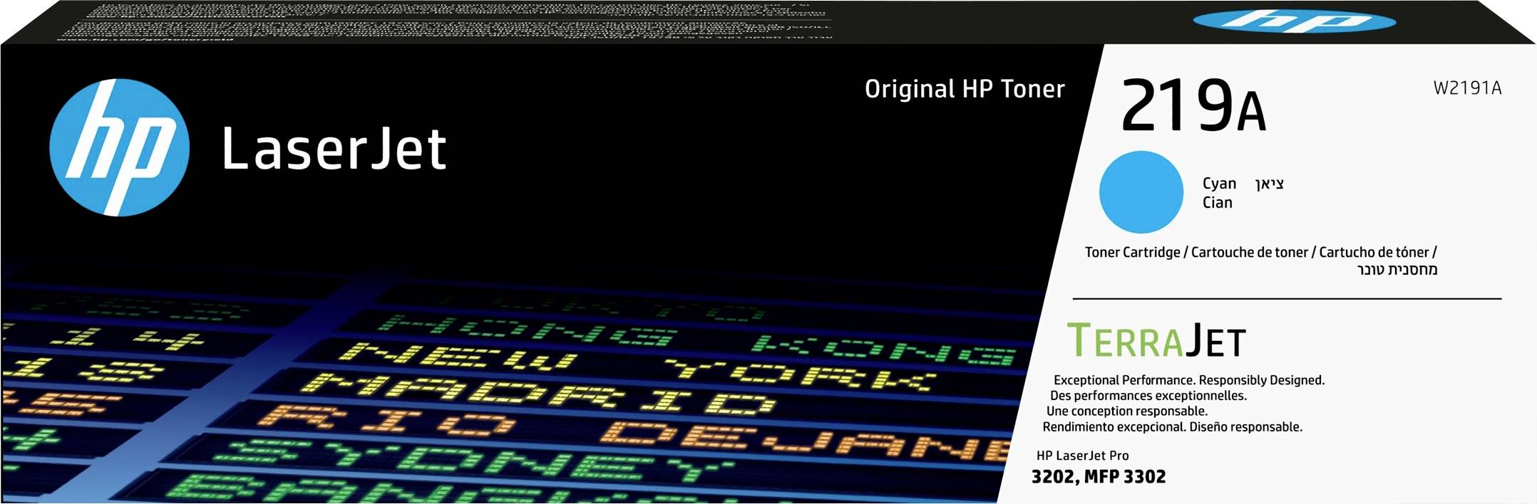 'HP LaserJet 219A Toner in Cyaan' Verpakking met tekst 'Uitzonderlijke Prestaties. Verantwoord Ontworpen.' Compatibel met 3202, MFP 3203.