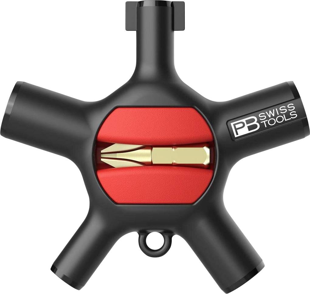Een zeskant multitool in het zwart met een goudkleurige inzet in het midden. Gemarkeerd met 'PB Swiss Tools'.