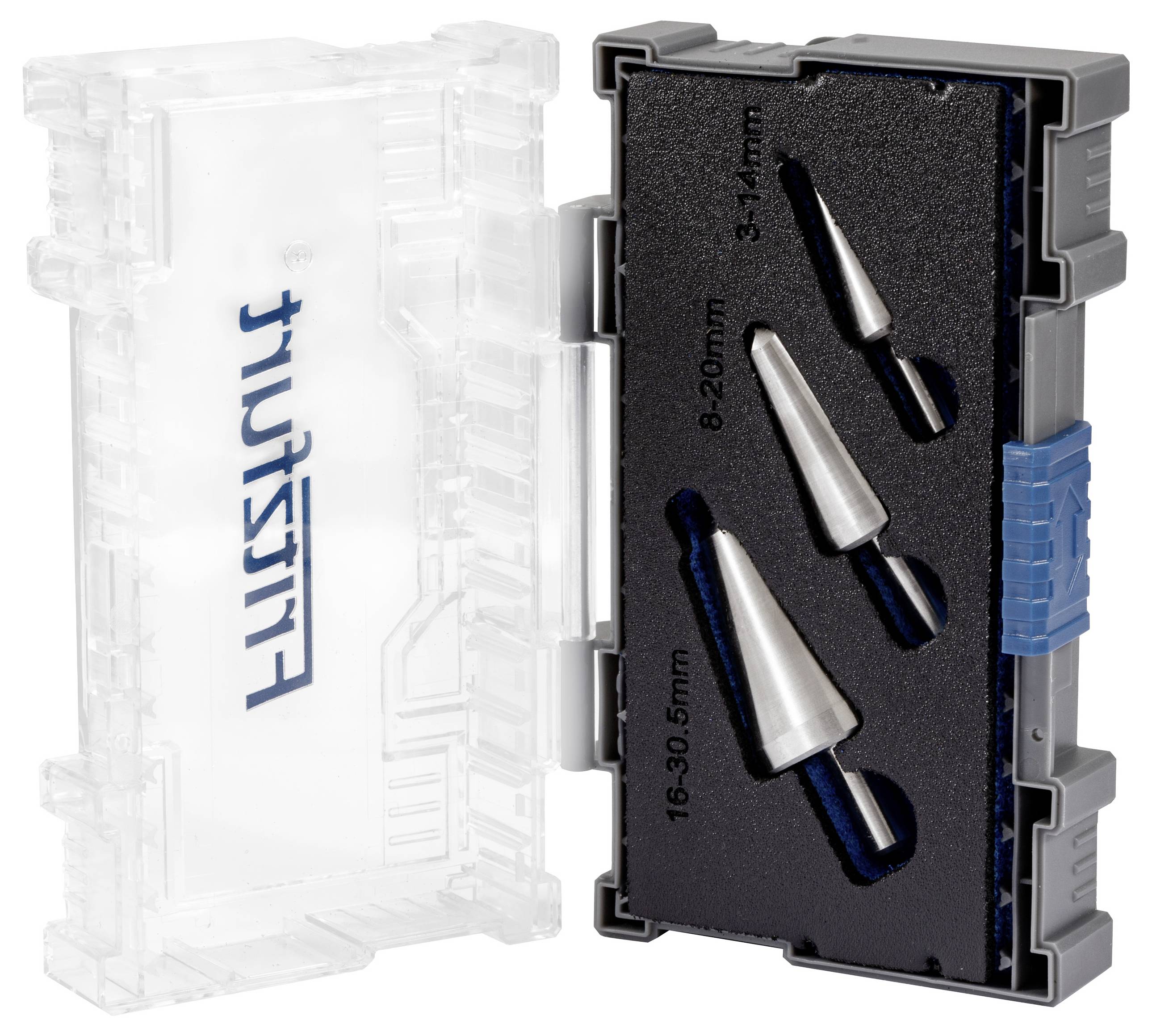 Plastic etui met het woord 'Futura' opent zich om drie metalen conische boorbitjes te onthullen, gemarkeerd met de afmetingen: 3-14 mm, 8-20 mm en 16-30,5 mm.
