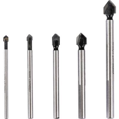 Vijf diamantboren van verschillende afmetingen, verticaal gerangschikt. Elke boor heeft een metalen schacht en een donkere, puntige diamanten punt.