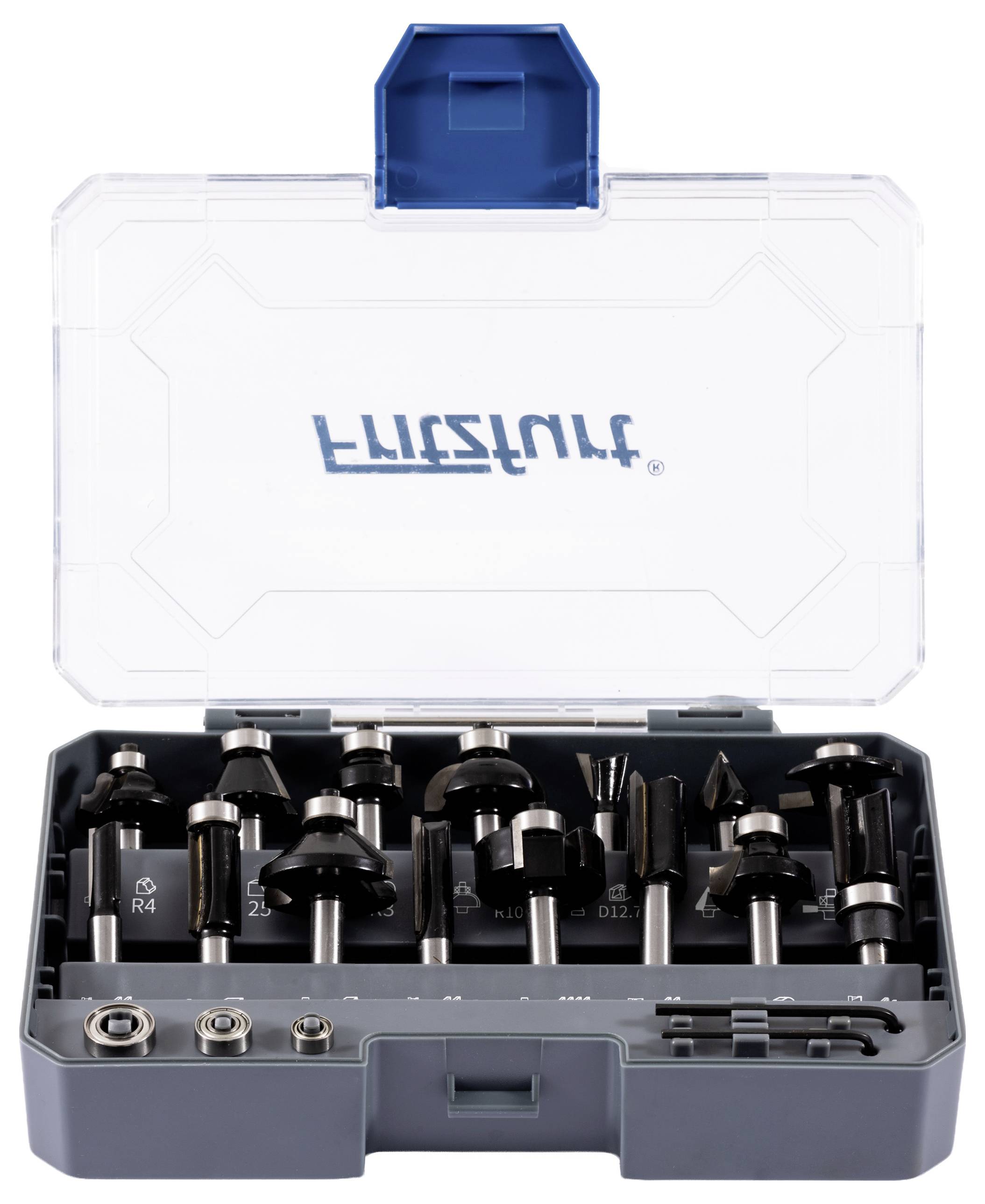 Open kist met doorzichtig deksel waarin een set verschillende freesjes wordt tentoongesteld, gebruikt voor houtbewerking en gedetailleerde vormgevingstaken.