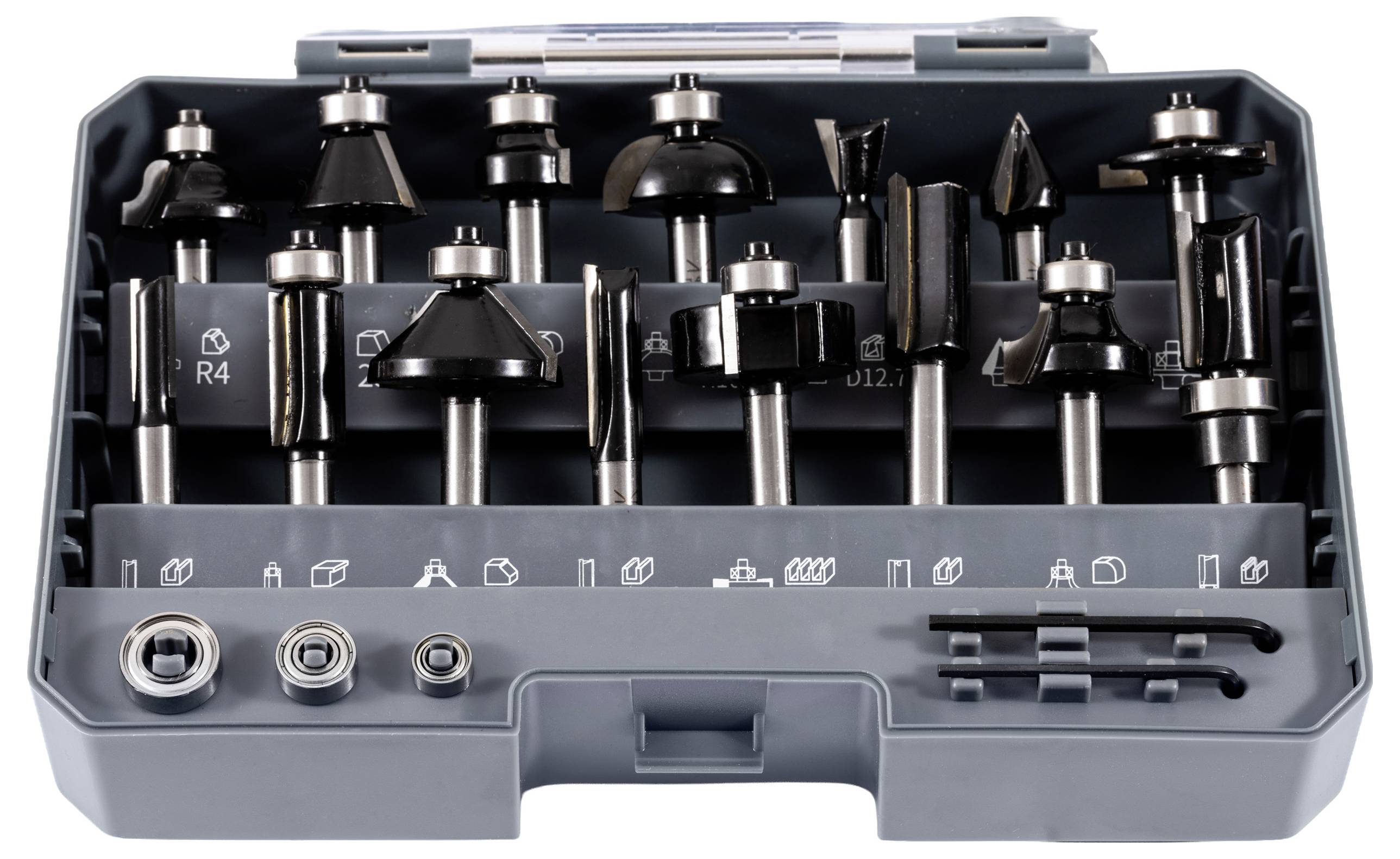 Een set van 15 houtfreesjes in een grijze kunststof koffer, met verschillende vormen en afmetingen. Inclusief aanvullende componenten en pictogrammen.