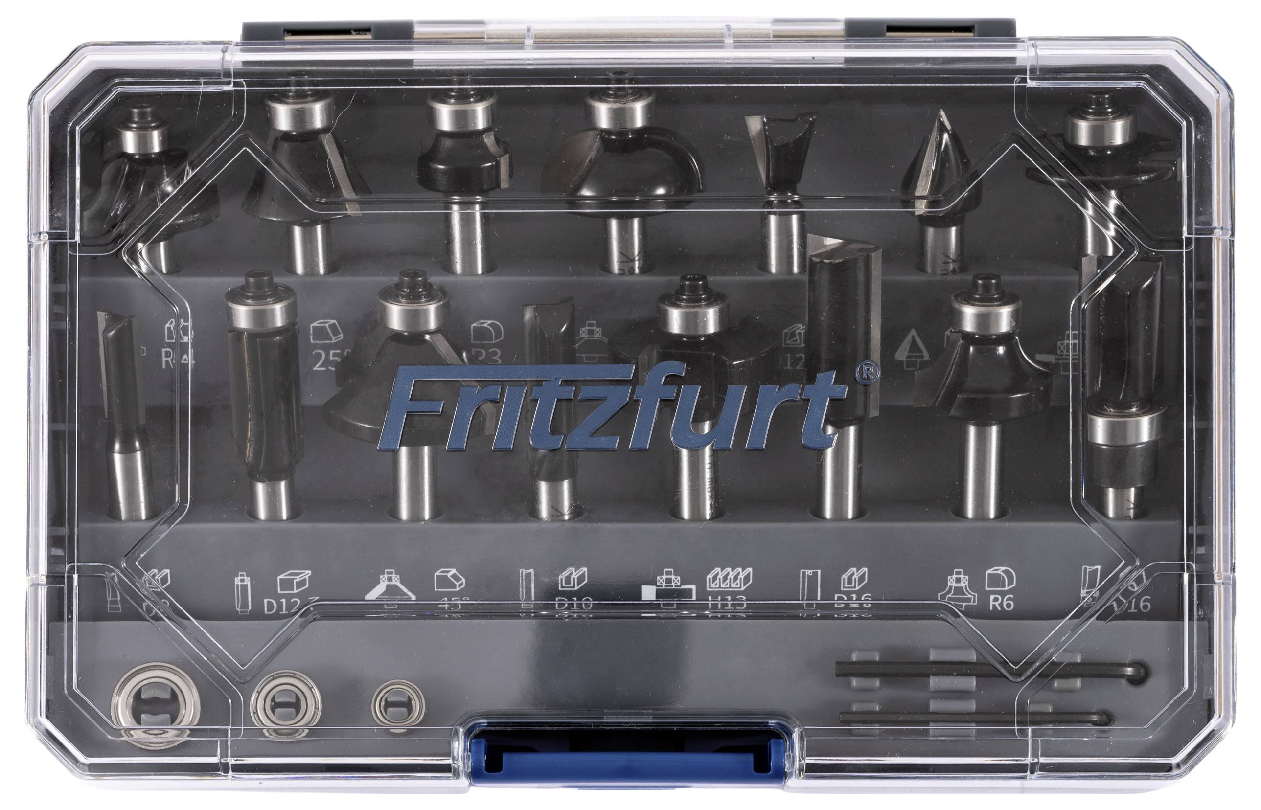 Een transparante plastic behuizing met verschillende metalen routerboren, gerangschikt in rijen. De merknaam 'Fritzfurt' is op het deksel gedrukt.