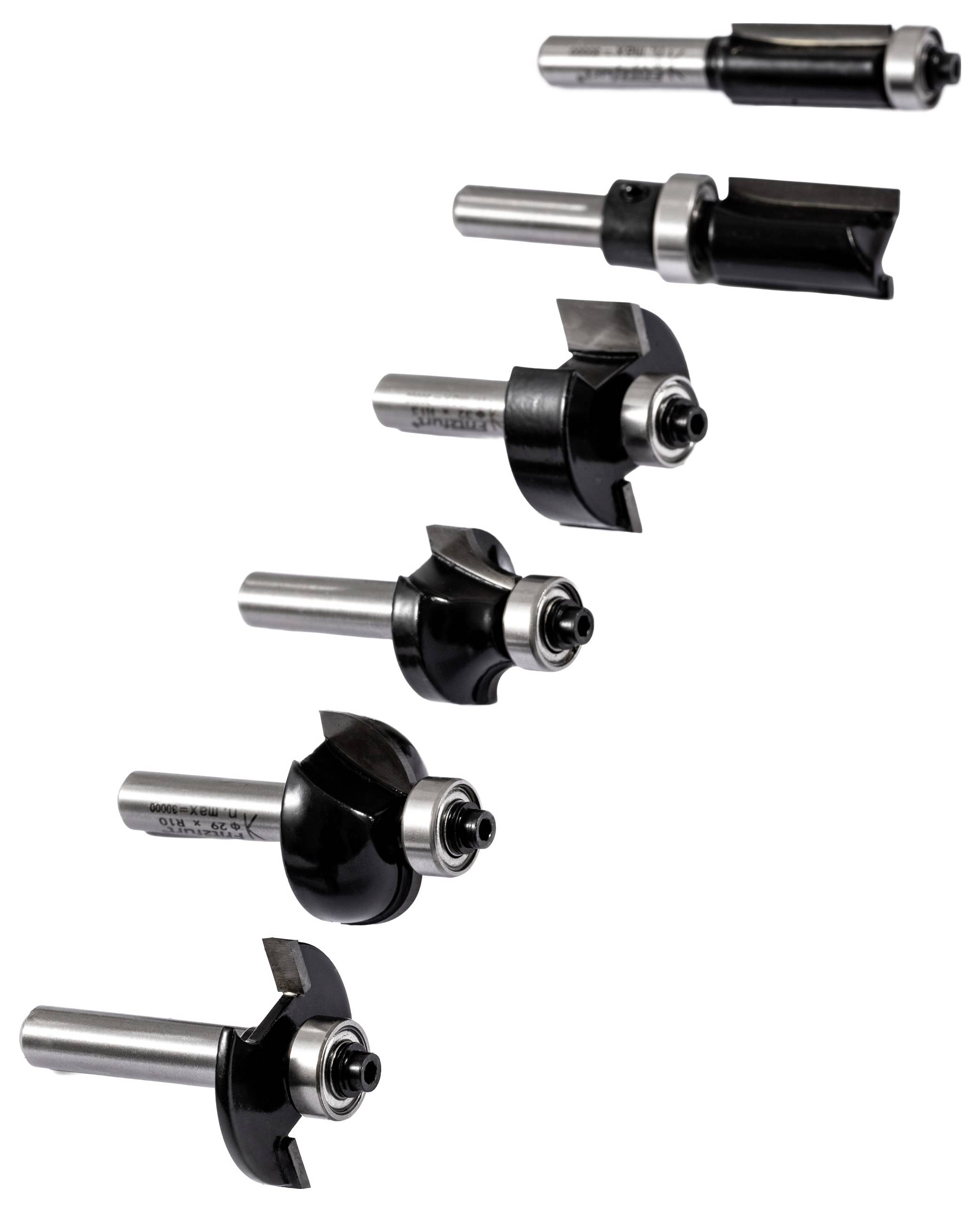 'Een set van zes verschillende freesboren verticaal gerangschikt, elk met verschillende vormen en afmetingen voor uiteenlopende houtbewerkingstoepassingen.'