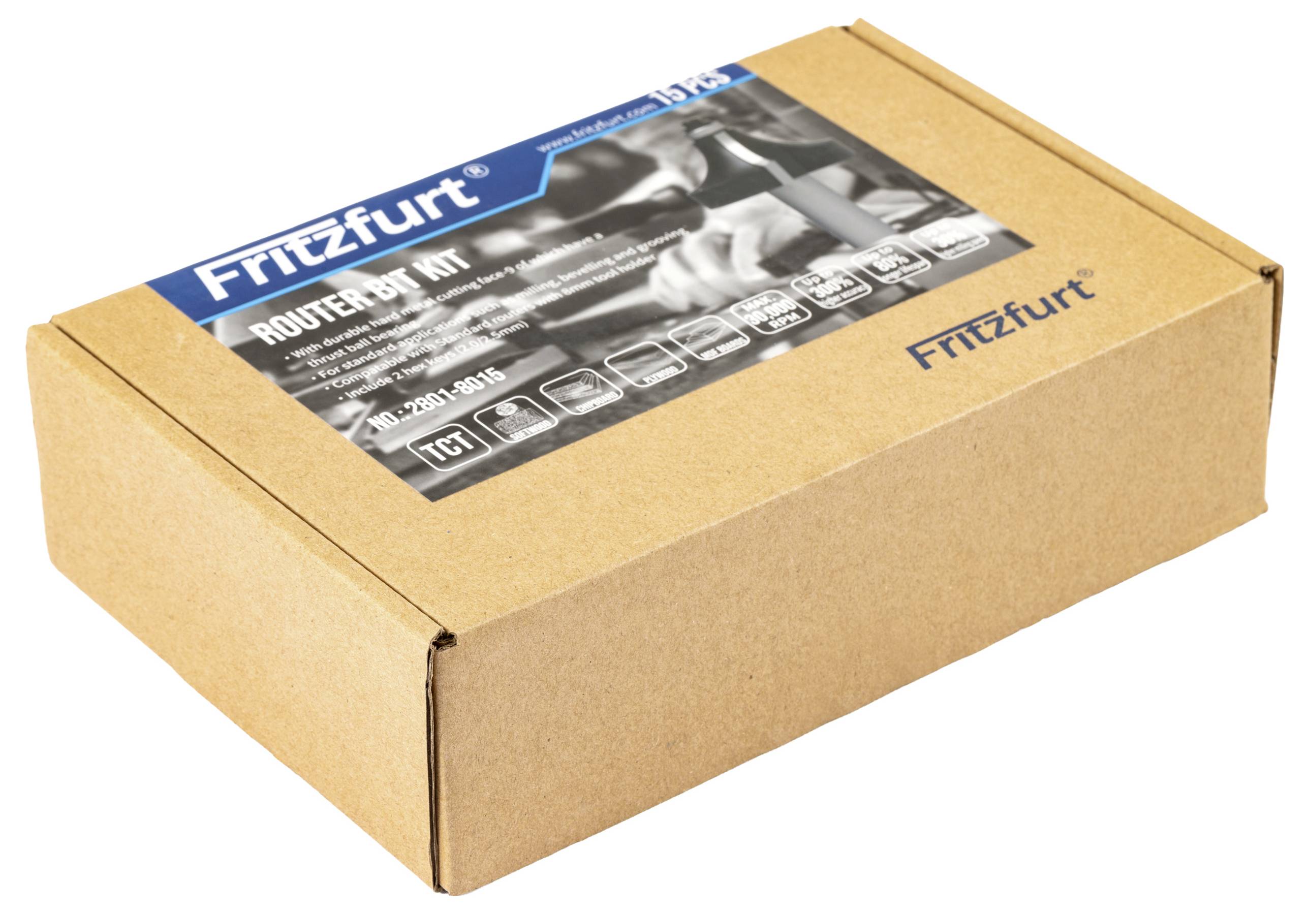 Een kartonnen doos gelabeld 'Fritzfurt Router Bit Kit', met afbeeldingen van routerboren en technische specificaties op de verpakking.